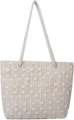 Chic Floral Lace Overlay Straw Tote Bag, Large Capacity Shoulder lunch Bag