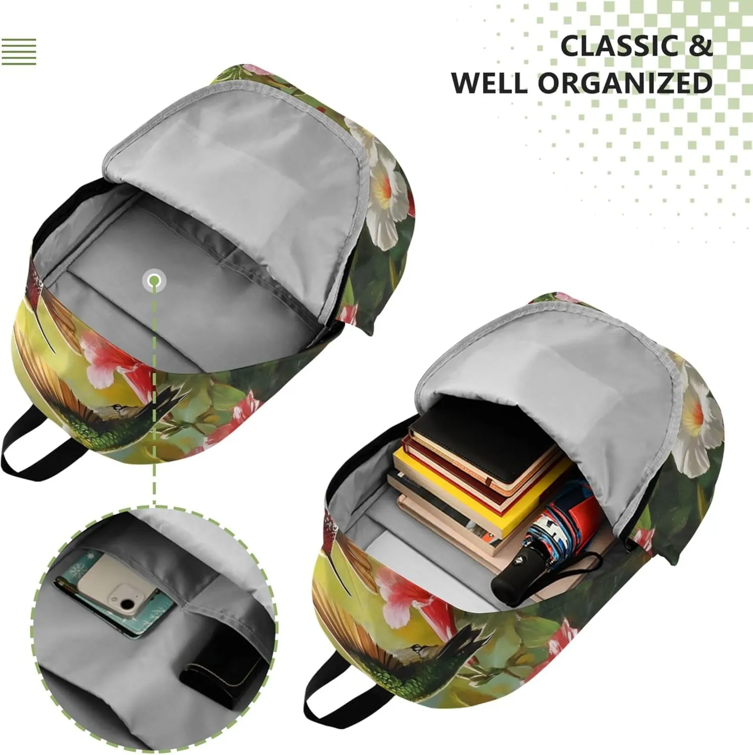 CHIFIGNO Colorful Hummingbirds Tropical Flowers Womens Casual Daypack Backpacks Medium Bookbag Cool College Student