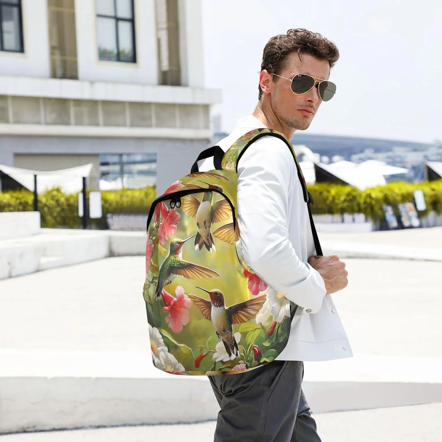 CHIFIGNO Colorful Hummingbirds Tropical Flowers Womens Casual Daypack Backpacks Medium Bookbag Cool College Student