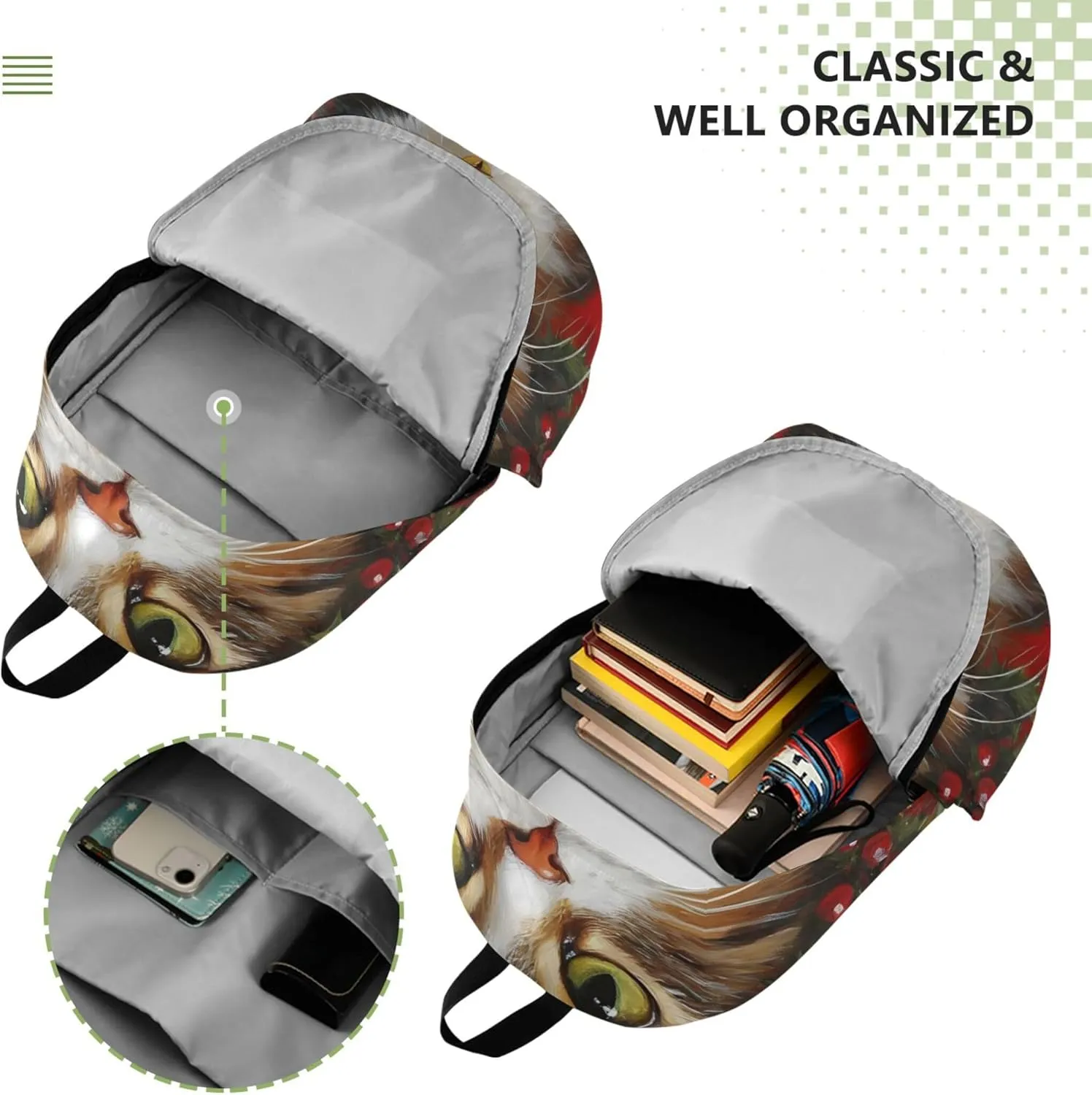CHIFIGNO Floral Cute Backpacks for Women Casual Everyday Christmas Cat Holly Wreath Red Cool Teen Backpacks for Girls