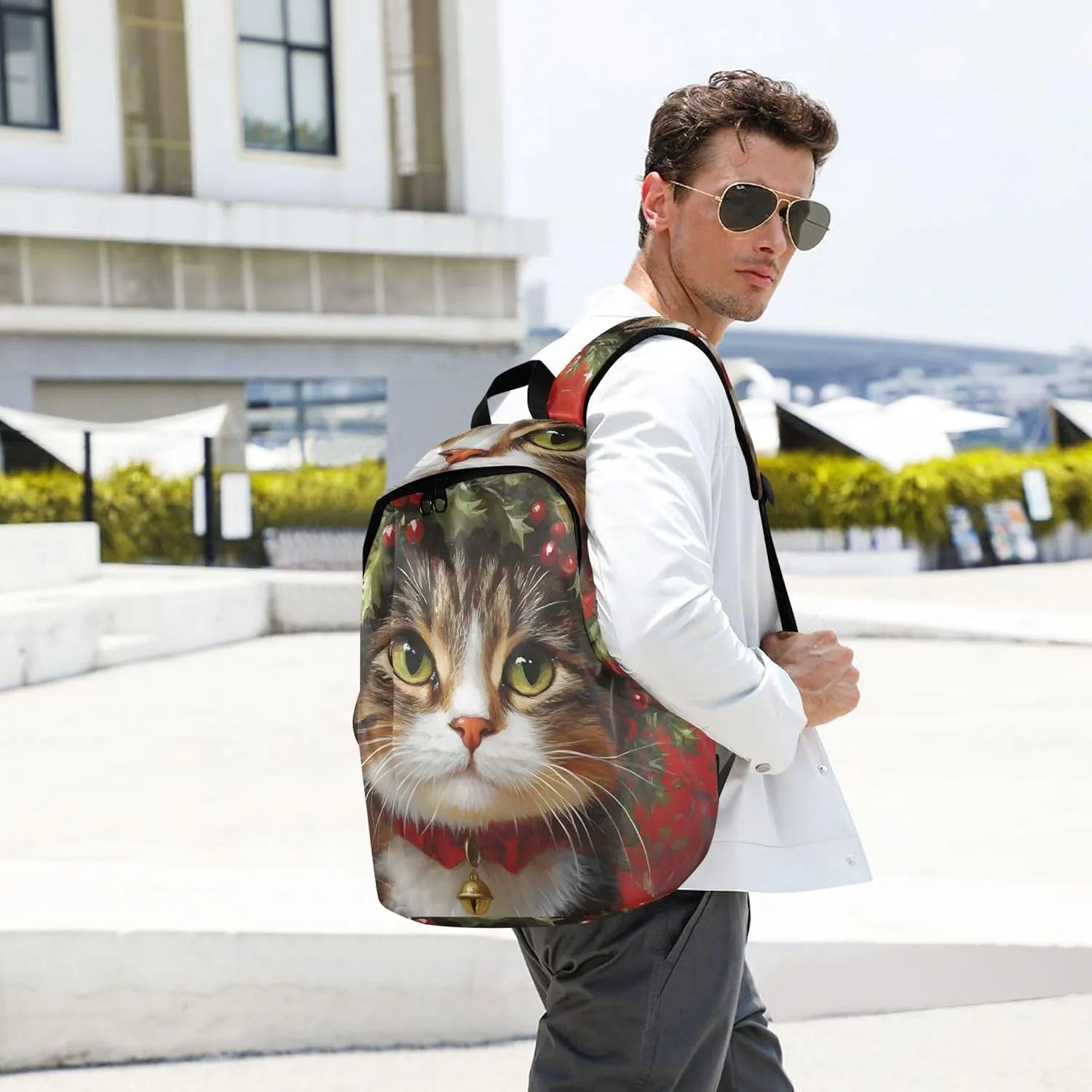 CHIFIGNO Floral Cute Backpacks for Women Casual Everyday Christmas Cat Holly Wreath Red Cool Teen Backpacks for Girls