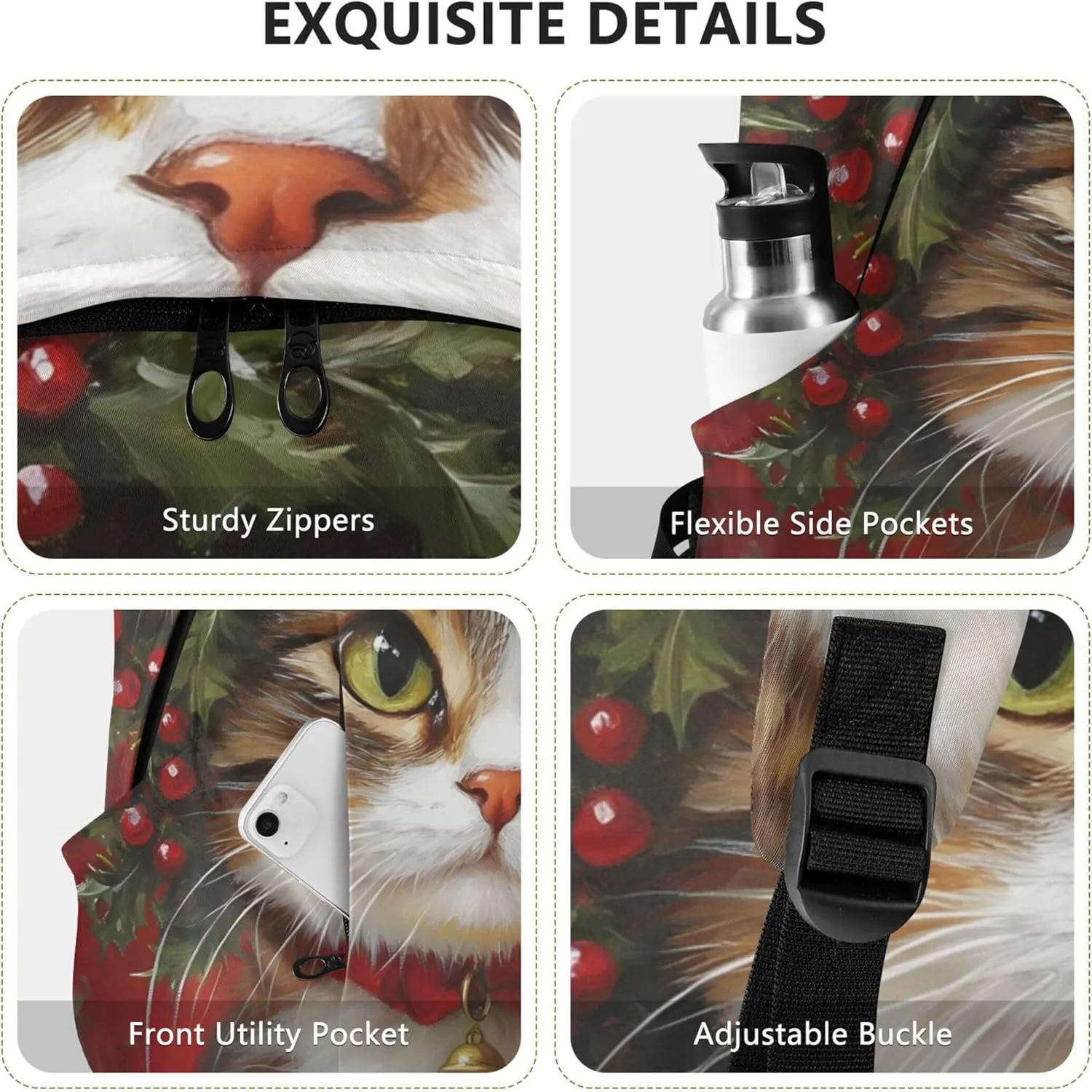 CHIFIGNO Floral Cute Backpacks for Women Casual Everyday Christmas Cat Holly Wreath Red Cool Teen Backpacks for Girls
