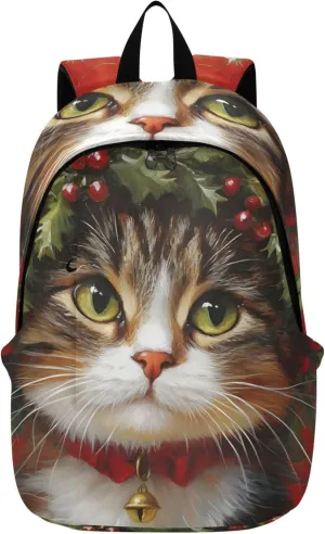 CHIFIGNO Floral Cute Backpacks for Women Casual Everyday Christmas Cat Holly Wreath Red Cool Teen Backpacks for Girls