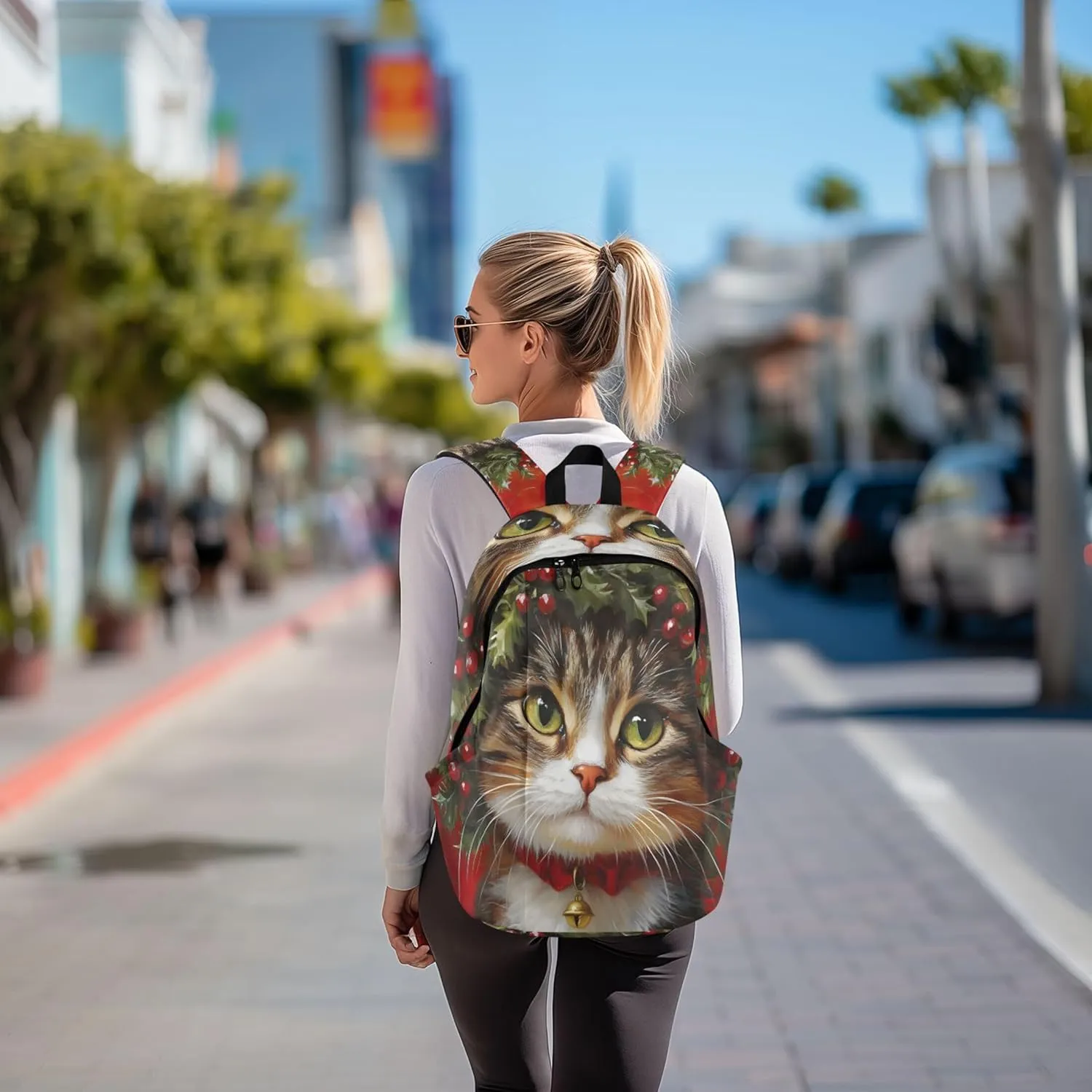 CHIFIGNO Floral Cute Backpacks for Women Casual Everyday Christmas Cat Holly Wreath Red Cool Teen Backpacks for Girls