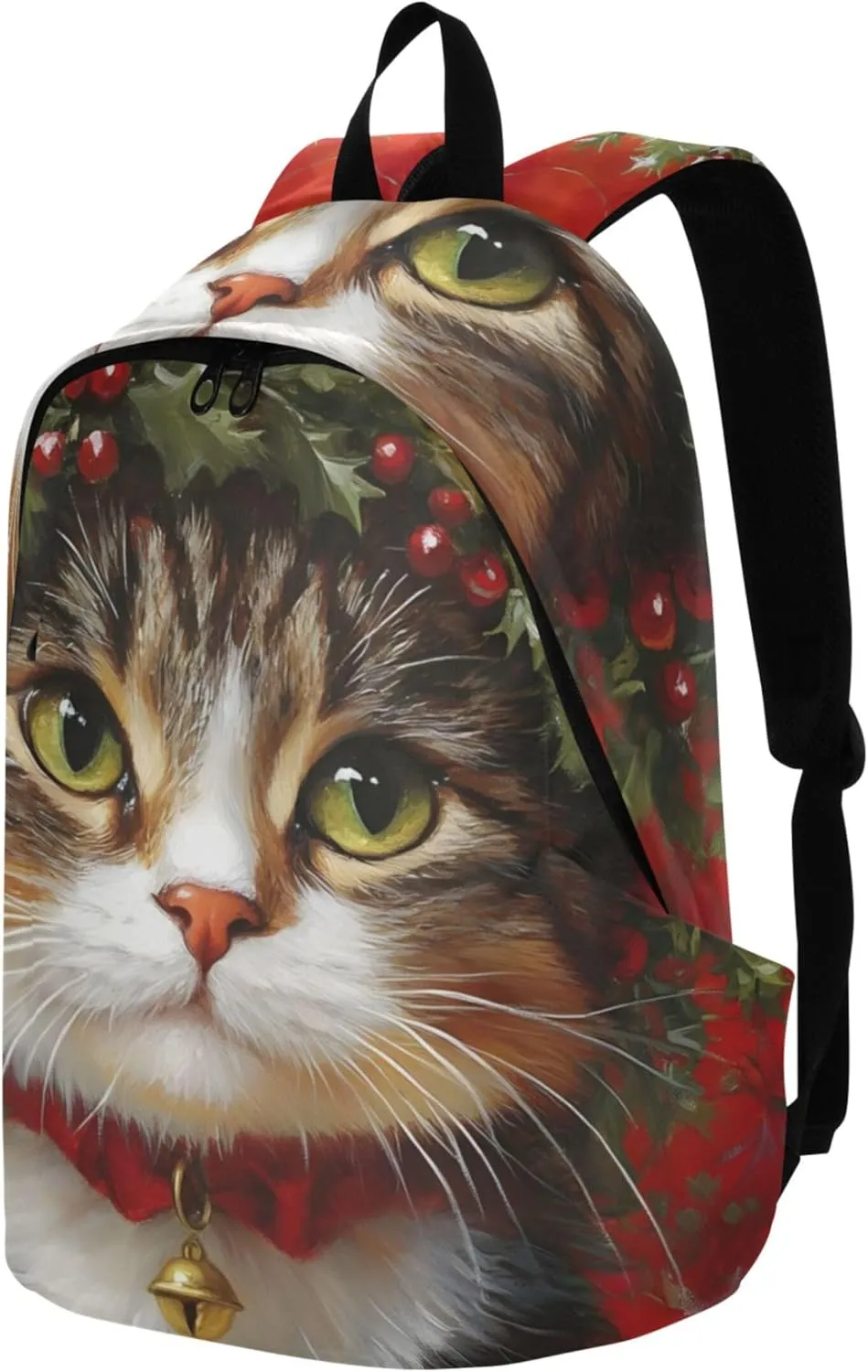 CHIFIGNO Floral Cute Backpacks for Women Casual Everyday Christmas Cat Holly Wreath Red Cool Teen Backpacks for Girls