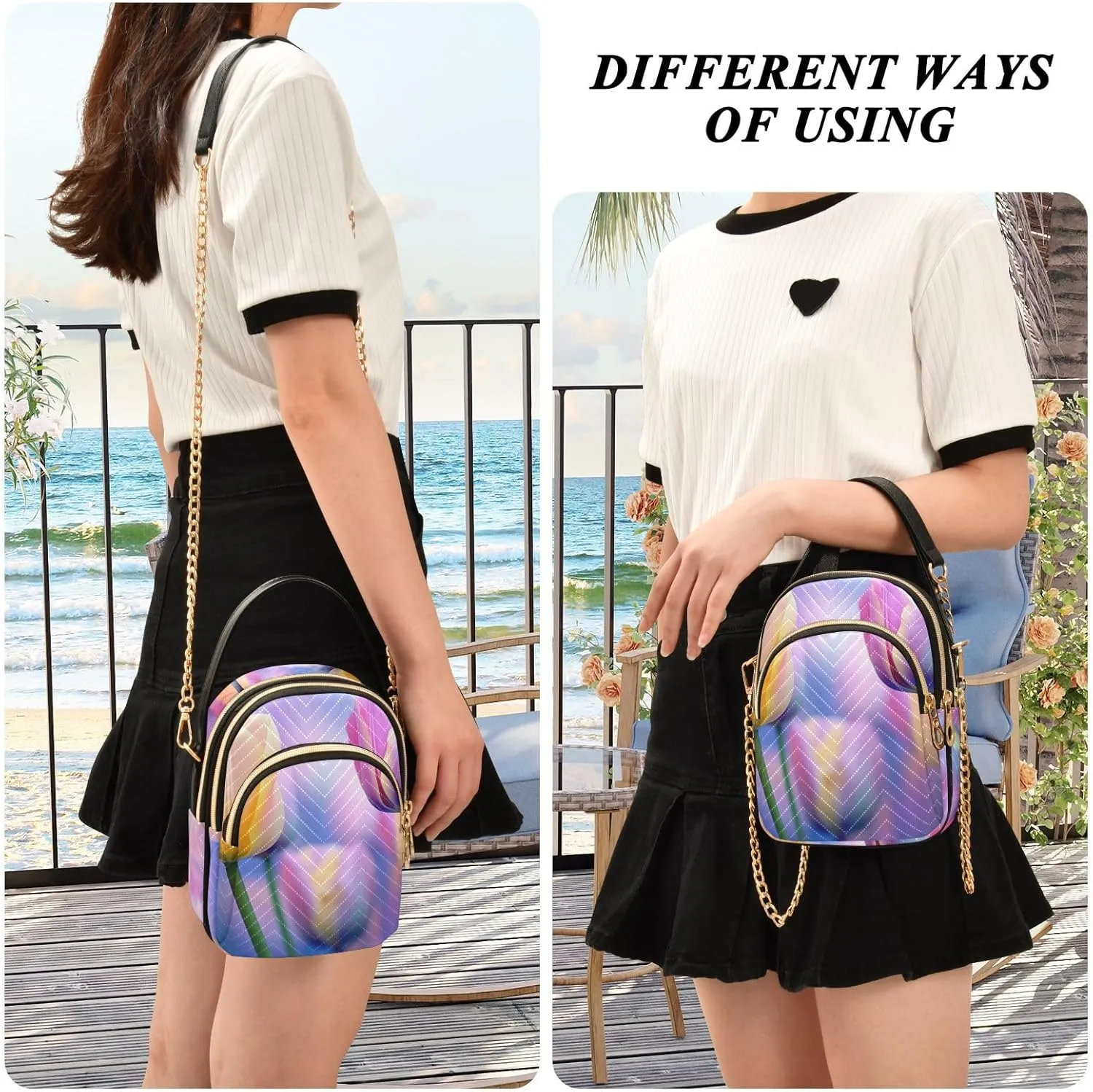 Chinese Chrysanthemum Floral Triple Zip Crossbody Bag, Shoulder Handbag, Crossbody Handbags for Woman