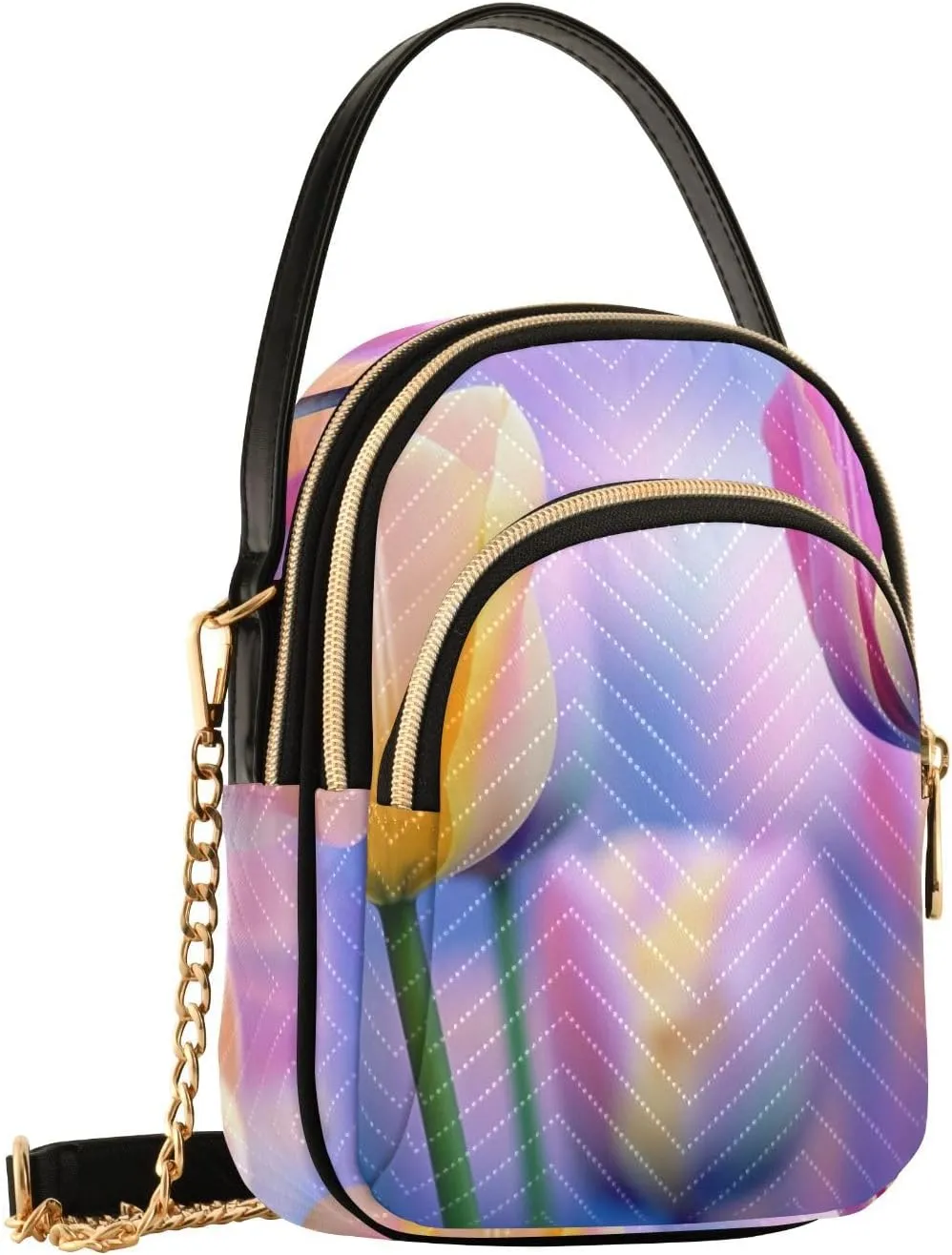 Chinese Chrysanthemum Floral Triple Zip Crossbody Bag, Shoulder Handbag, Crossbody Handbags for Woman