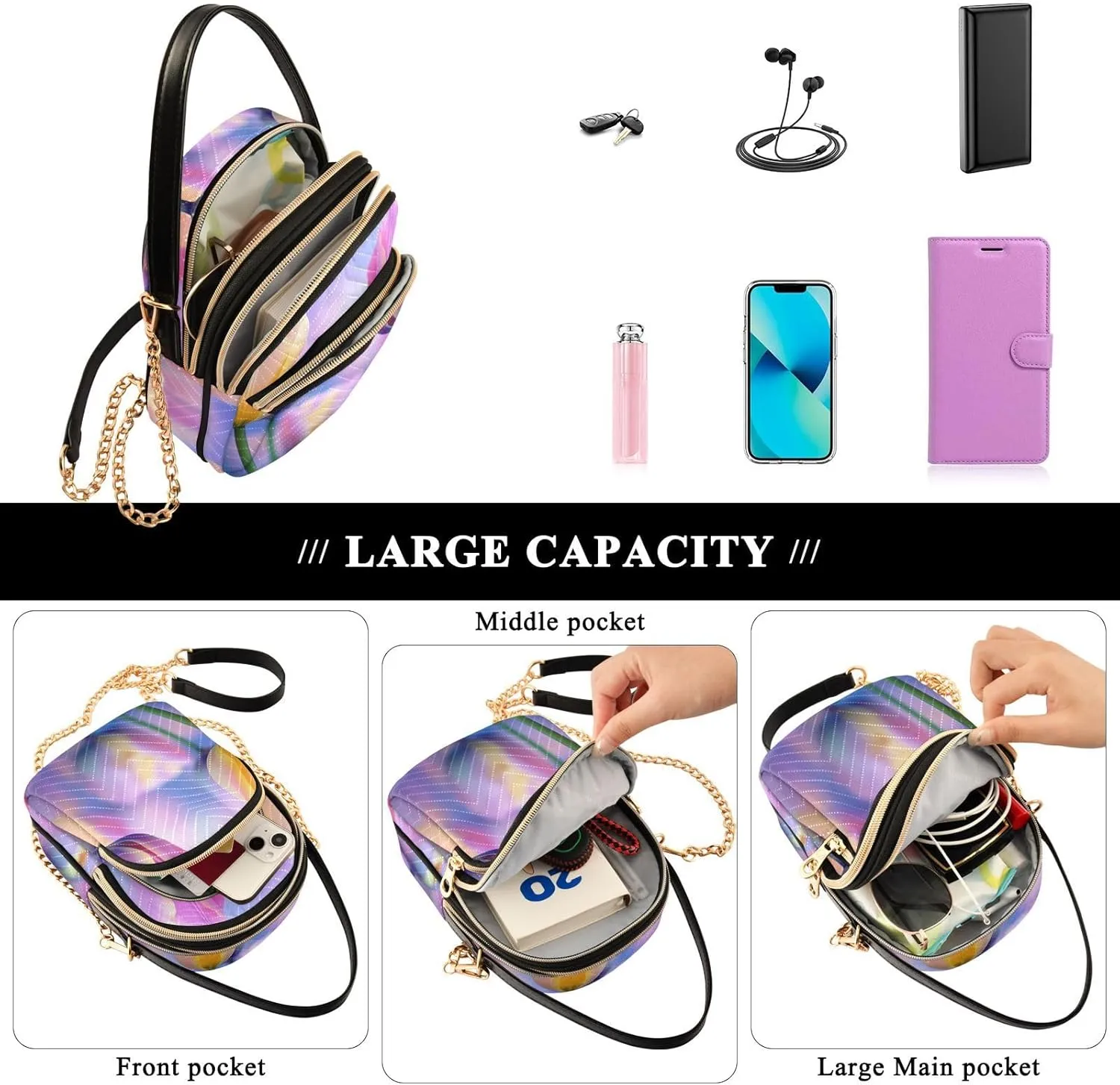 Chinese Chrysanthemum Floral Triple Zip Crossbody Bag, Shoulder Handbag, Crossbody Handbags for Woman