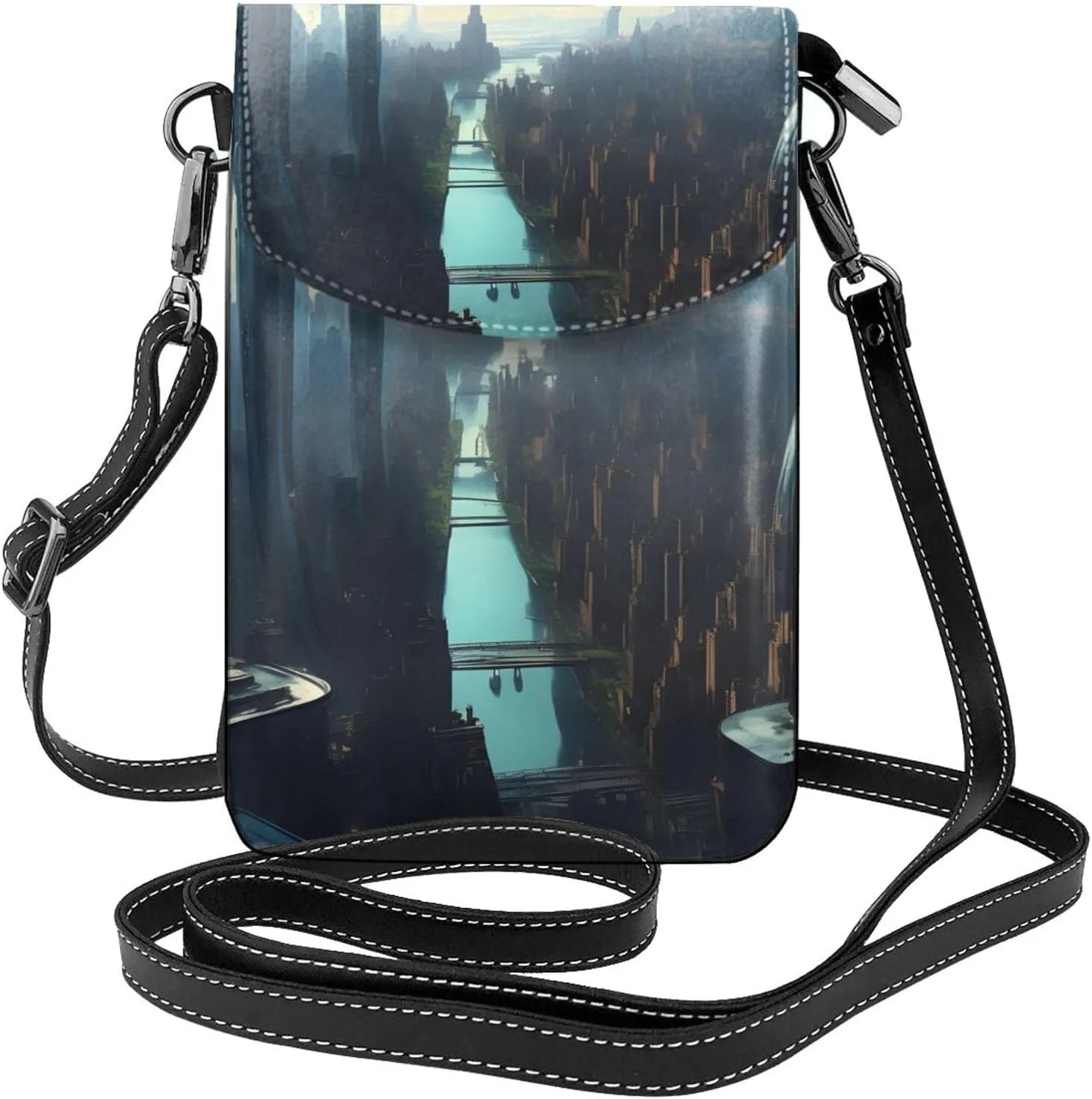 Cities Of The Future Zippered Crossbody Bag, Women'S Shoulder Bag With Card Slot, Removable Shoulder Strap, 7.6 X 4.9 In.