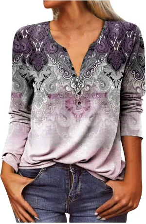 Classic Oversized School Tops for Women Three Quarter Sleeve Summer Floral Softest Tee Thin V Neck Relaxed