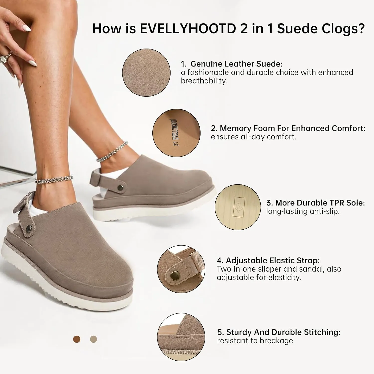 Clogs for Women Platform Genuine Leather Suede Women's Mules & Clogs with Strap Slip on Shoes Sandals Arch Support Adjustable Slip-On Indoor and Outdoor