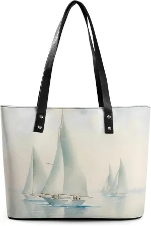 Coastal Sailing Seascape Boats Leather Handbags for Women Shoulder Tote Crossbody Travel Purses with Zippered
