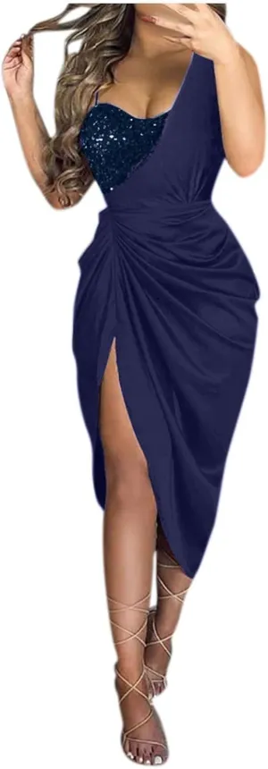 Cocktail Dress for Women,2024 Elegant Sexy Skinny Wedding Guest Dress,Trendy Ruched Slit Irregular Party Dress