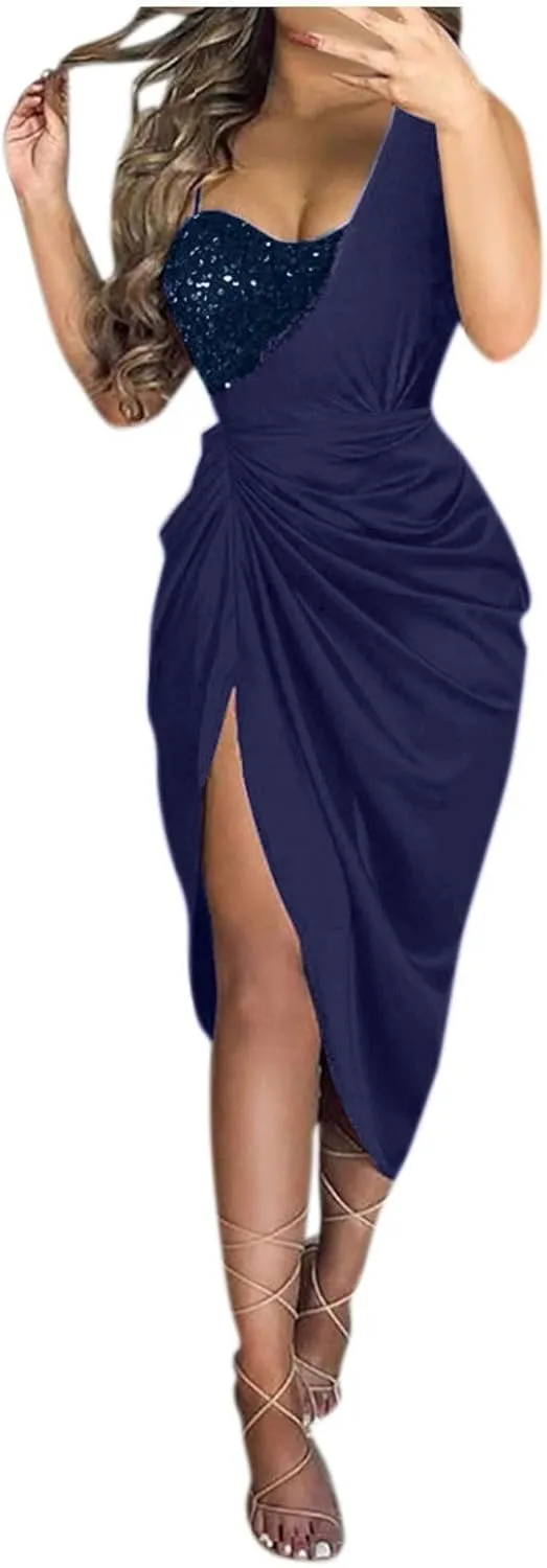 Cocktail Dress for Women,2024 Elegant Sexy Skinny Wedding Guest Dress,Trendy Ruched Slit Irregular Party Dress