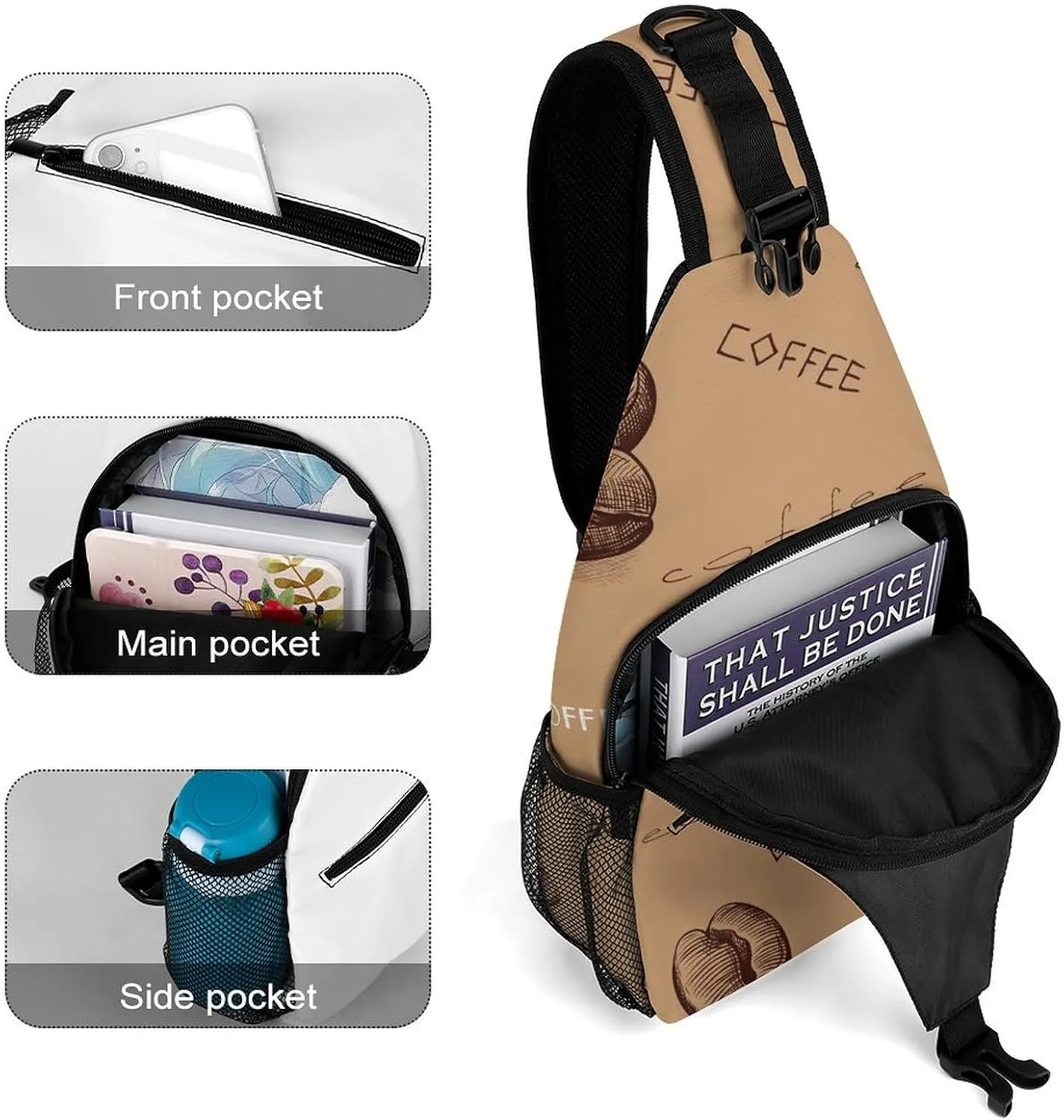 Coffee Beans Sling Backpack, Crossbody Shoulder Bag, Chest Bags for Outdoor Travel Fitness, 38x20cm, Style-2