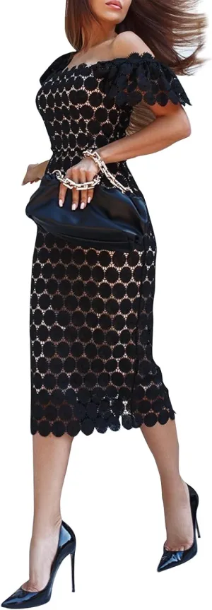 Cololura Elegant Sexy Floral Lace Short Sleeve Off Shoulder Evening Gown Party Formal Bodycon Midi Dress