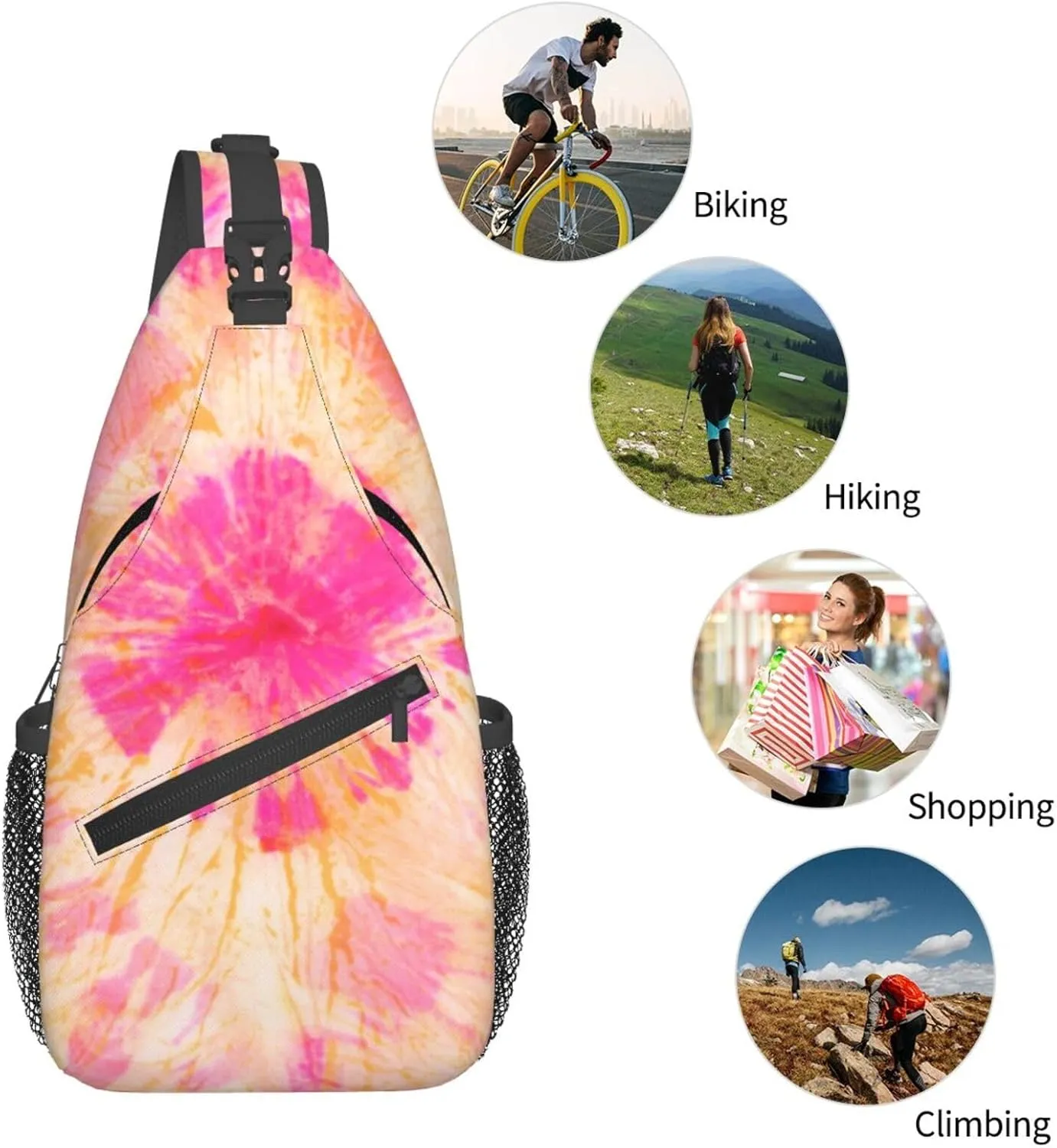 Color Pink Orange Tie Dye Chest Sling Bag Crossbody Shoulder Backpack Bag Gym Cycling Daypack Travel Hiking Cross Bag