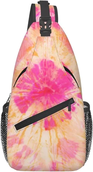 Color Pink Orange Tie Dye Chest Sling Bag Crossbody Shoulder Backpack Bag Gym Cycling Daypack Travel Hiking Cross Bag