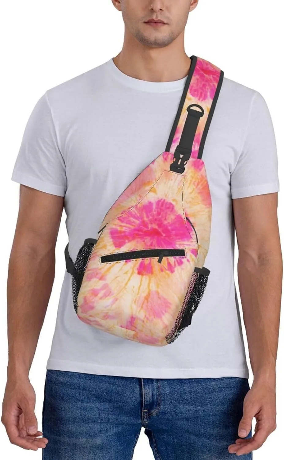 Color Pink Orange Tie Dye Chest Sling Bag Crossbody Shoulder Backpack Bag Gym Cycling Daypack Travel Hiking Cross Bag