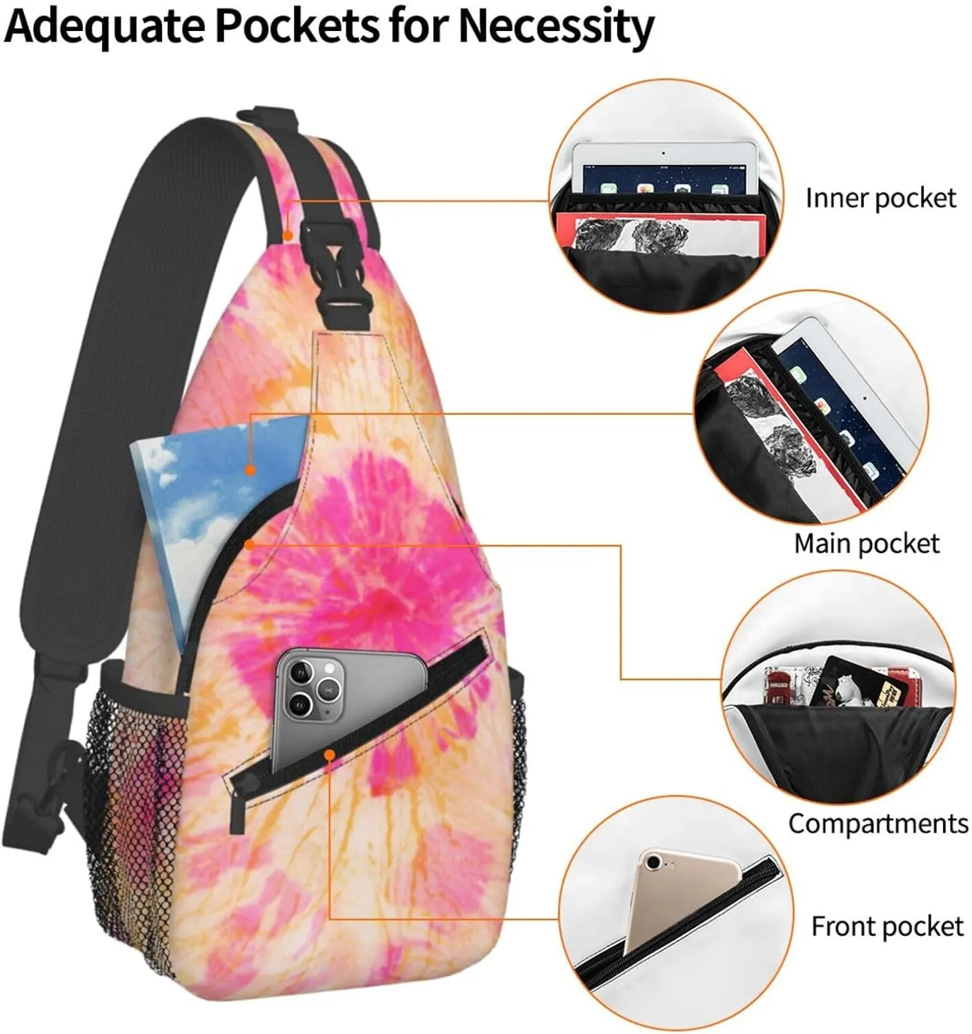 Color Pink Orange Tie Dye Chest Sling Bag Crossbody Shoulder Backpack Bag Gym Cycling Daypack Travel Hiking Cross Bag