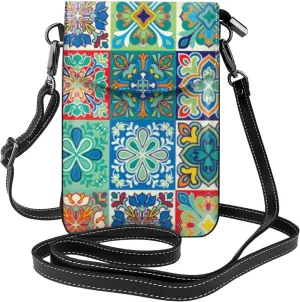 Colorful Floral Boho Flower Mosaic Women Small Crossbody Cell Phone Purse Leather Fashion Shoulder Bag With Shoulder Strap