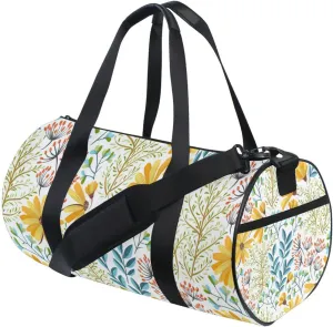 Colorful Floral Flowers Seamless on White Yellow Pattern Duffel Bag, Foldable Canvas Travel Tote for Gym Sports with Inner Pockets, Durable Lightweight Fitness Bag for Overnight Workout