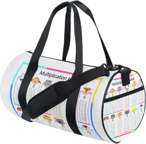 Colorful Multiplication Table with Different Animal Heads on White Duffel Bag, Foldable Canvas Travel Tote for Gym Sports with Inner Pockets, Durable Lightweight Fitness Bag for Overnight Workout