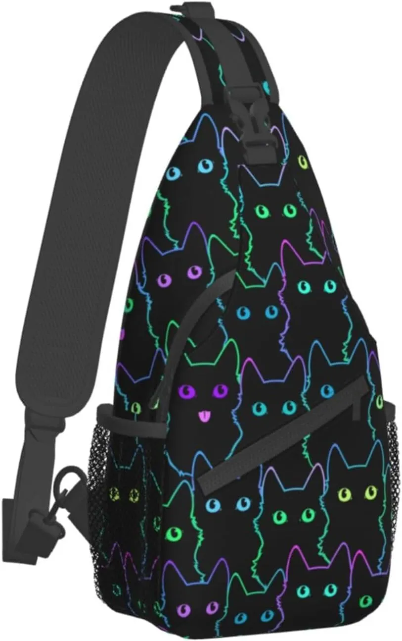 Colorful Neon Cats Sling Bag for Women Mens Crossbody Backpack Cycling Hiking Daypack Chest Shoulder Bag with Adjustable Strap