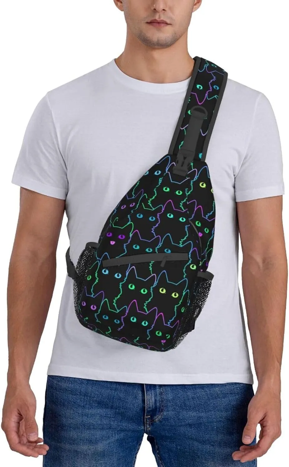 Colorful Neon Cats Sling Bag for Women Mens Crossbody Backpack Cycling Hiking Daypack Chest Shoulder Bag with Adjustable Strap