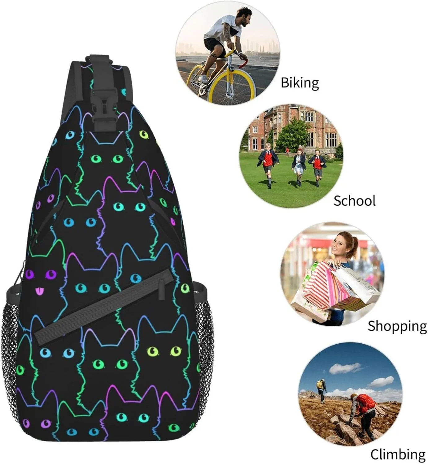 Colorful Neon Cats Sling Bag for Women Mens Crossbody Backpack Cycling Hiking Daypack Chest Shoulder Bag with Adjustable Strap