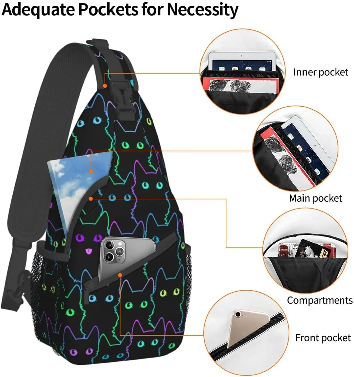 Colorful Neon Cats Sling Bag for Women Mens Crossbody Backpack Cycling Hiking Daypack Chest Shoulder Bag with Adjustable Strap