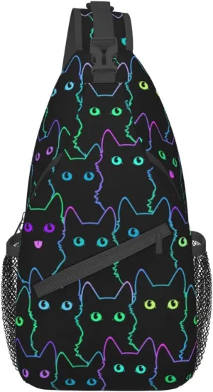 Colorful Neon Cats Sling Bag for Women Mens Crossbody Backpack Cycling Hiking Daypack Chest Shoulder Bag with Adjustable Strap