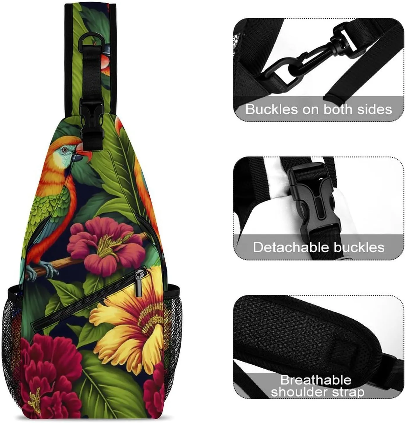 Colorful-parrots-exotic-flowers Crossbody Sling Backpack, Shoulder Bag Chest Bag for Travel Sport Running, 38x20cm, Style-3