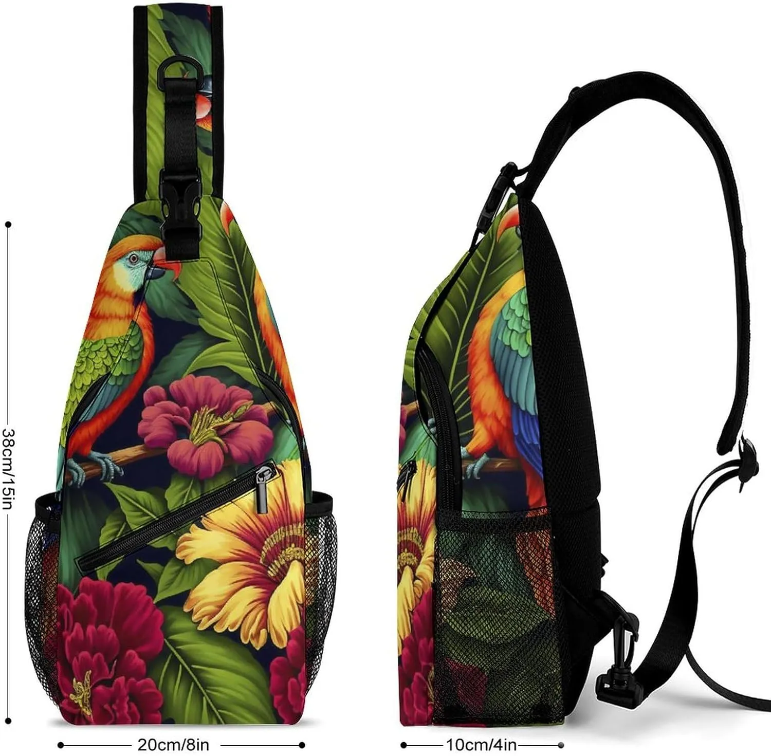 Colorful-parrots-exotic-flowers Crossbody Sling Backpack, Shoulder Bag Chest Bag for Travel Sport Running, 38x20cm, Style-3