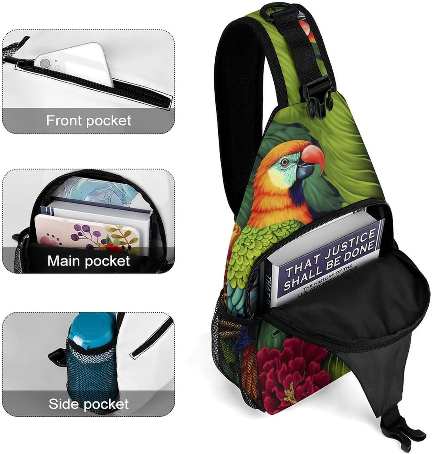 Colorful-parrots-exotic-flowers Crossbody Sling Backpack, Shoulder Bag Chest Bag for Travel Sport Running, 38x20cm, Style-3