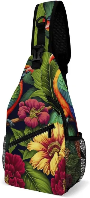 Colorful-parrots-exotic-flowers Crossbody Sling Backpack, Shoulder Bag Chest Bag for Travel Sport Running, 38x20cm, Style-3