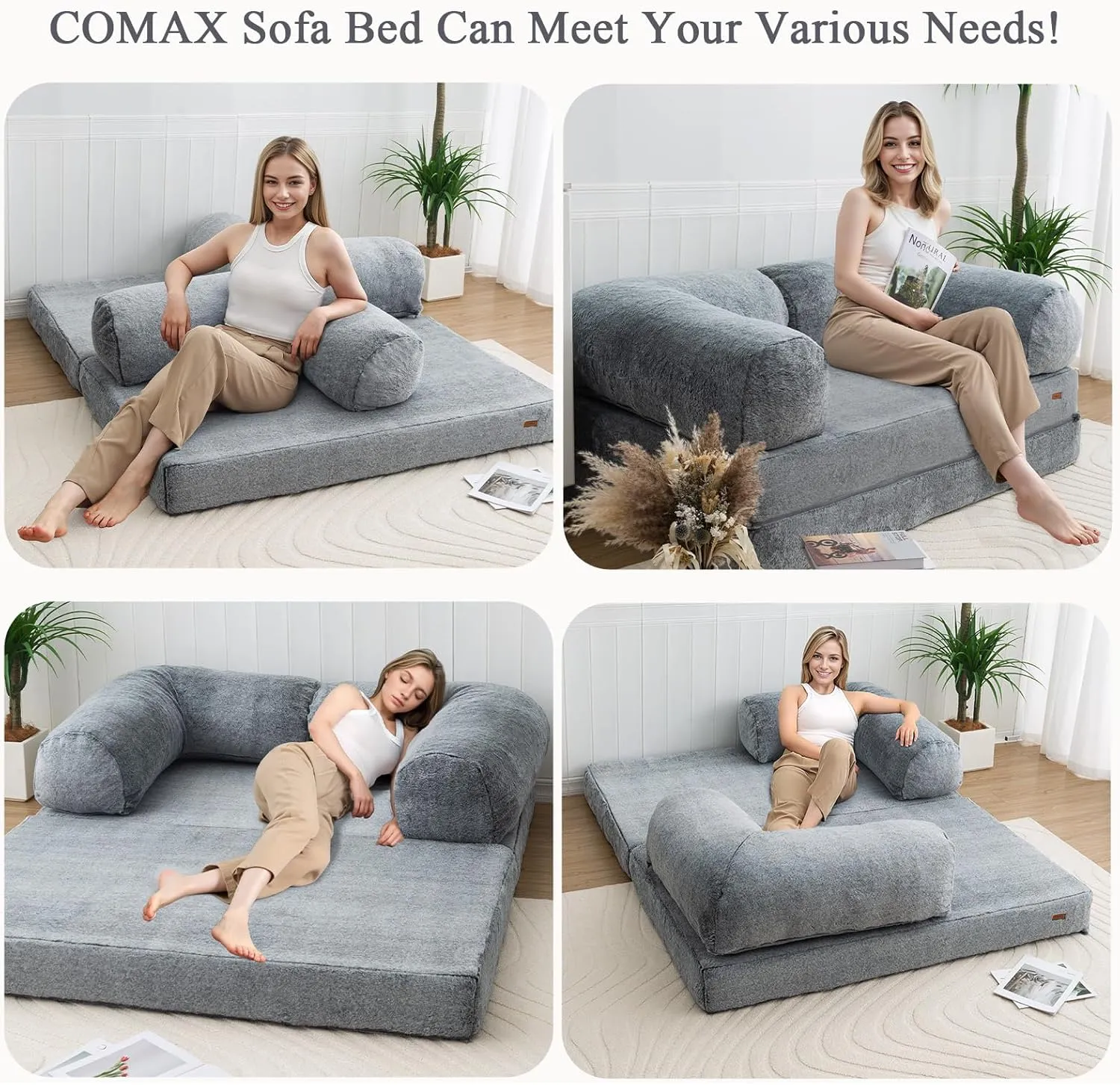 COMAX 4-in-1 Futon Sofa Bed, Queen Size Foldable Couch with L-Shaped Armrests, Convertible Sleeper Chair Bed, Comfortable Lounge Mattress for Living Room and Bedroom, Snow Grey