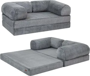 COMAX 4-in-1 Futon Sofa Bed, Queen Size Foldable Couch with L-Shaped Armrests, Convertible Sleeper Chair Bed, Comfortable Lounge Mattress for Living Room and Bedroom, Snow Grey