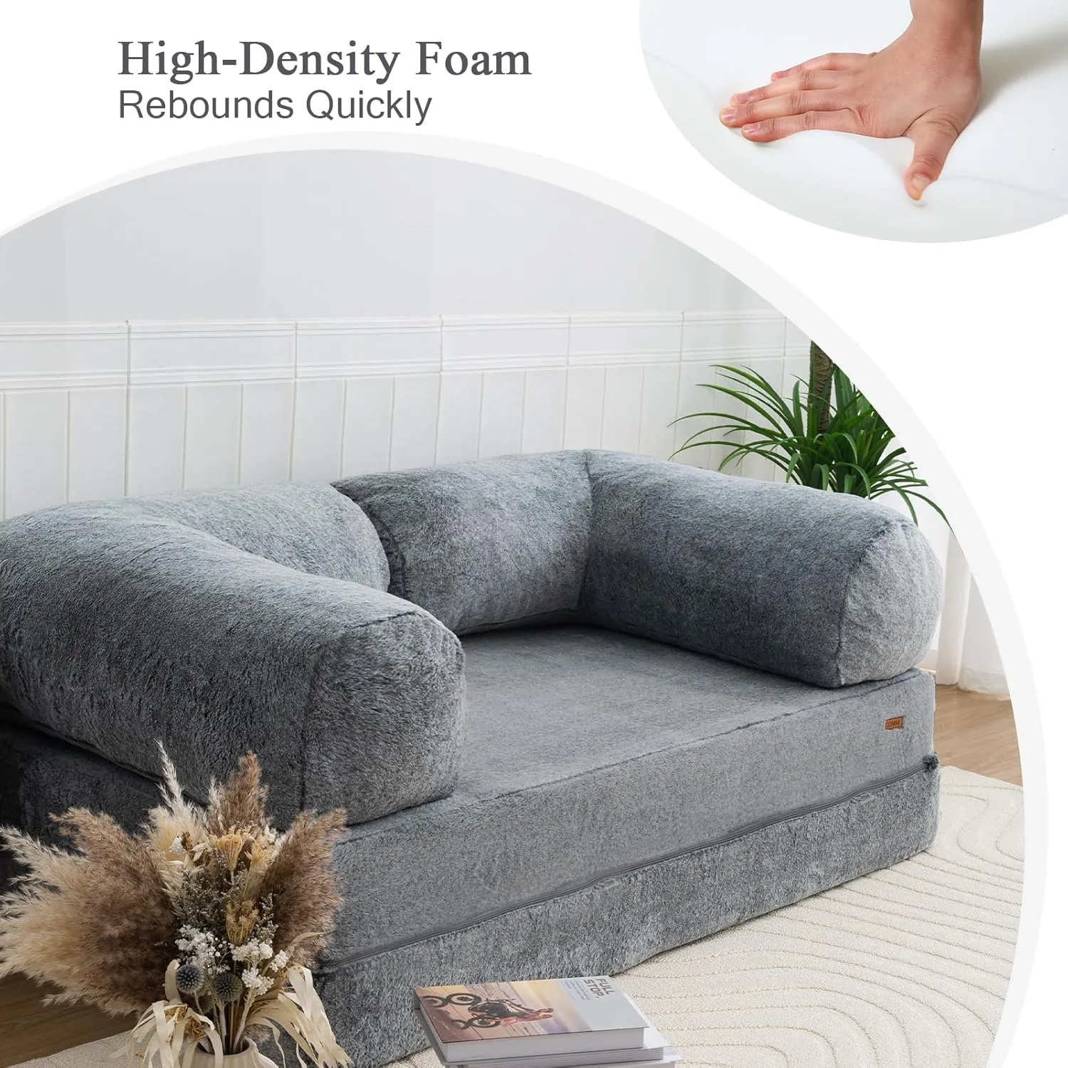 COMAX 4-in-1 Futon Sofa Bed, Queen Size Foldable Couch with L-Shaped Armrests, Convertible Sleeper Chair Bed, Comfortable Lounge Mattress for Living Room and Bedroom, Snow Grey