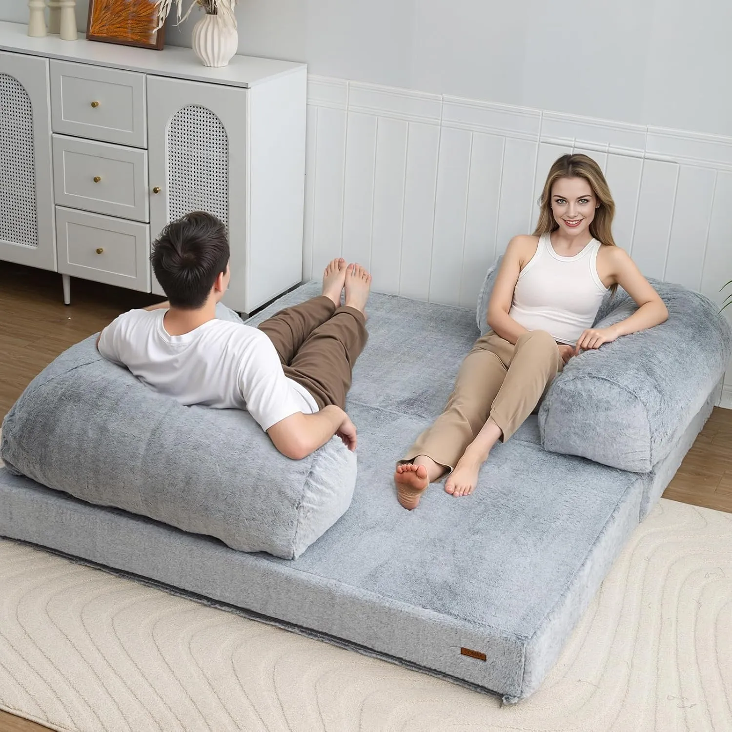 COMAX 4-in-1 Futon Sofa Bed, Queen Size Foldable Couch with L-Shaped Armrests, Convertible Sleeper Chair Bed, Comfortable Lounge Mattress for Living Room and Bedroom, Snow Light Grey