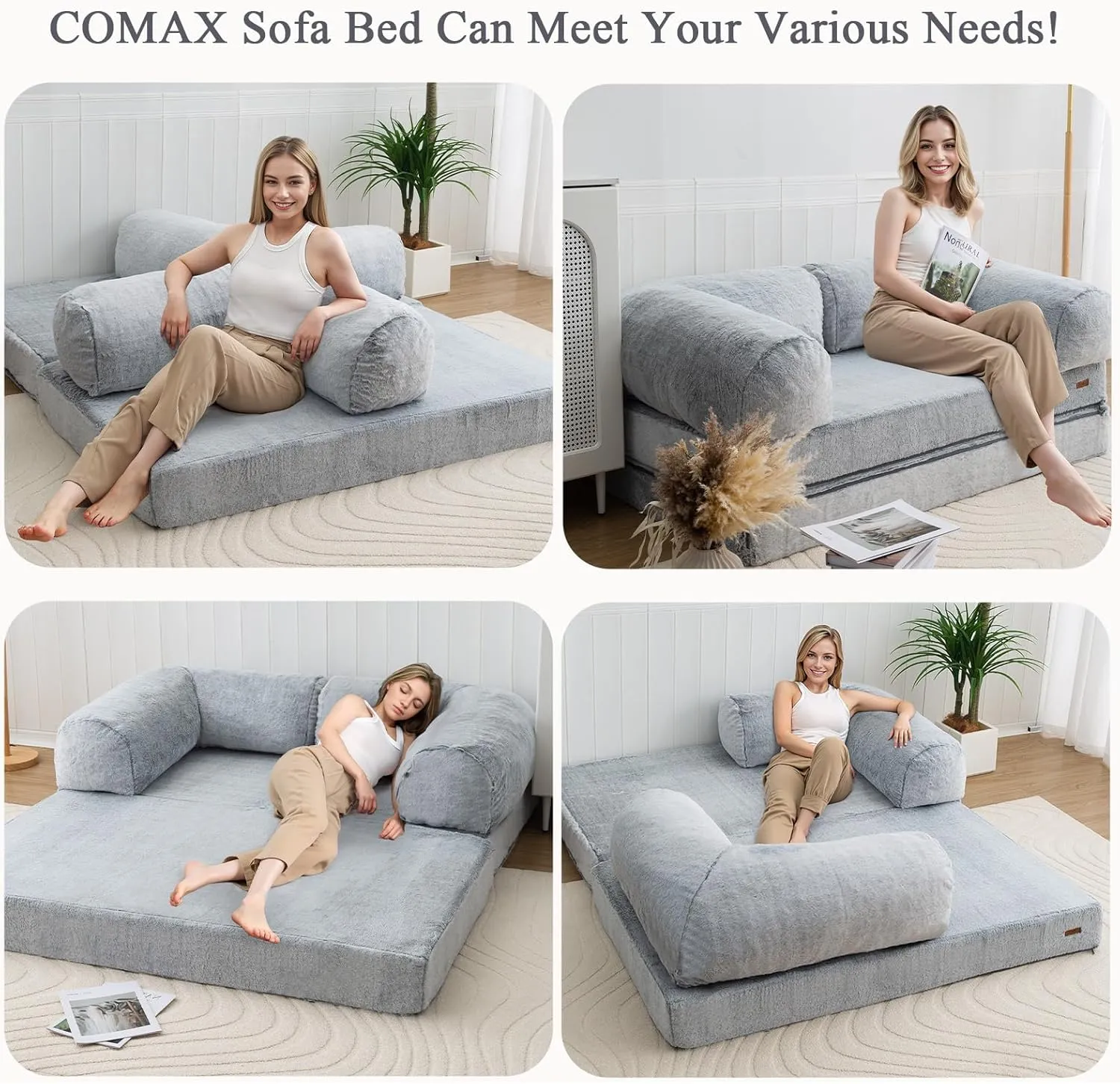COMAX 4-in-1 Futon Sofa Bed, Queen Size Foldable Couch with L-Shaped Armrests, Convertible Sleeper Chair Bed, Comfortable Lounge Mattress for Living Room and Bedroom, Snow Light Grey