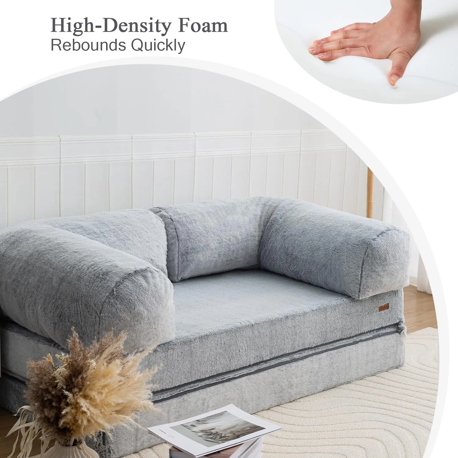 COMAX 4-in-1 Futon Sofa Bed, Queen Size Foldable Couch with L-Shaped Armrests, Convertible Sleeper Chair Bed, Comfortable Lounge Mattress for Living Room and Bedroom, Snow Light Grey