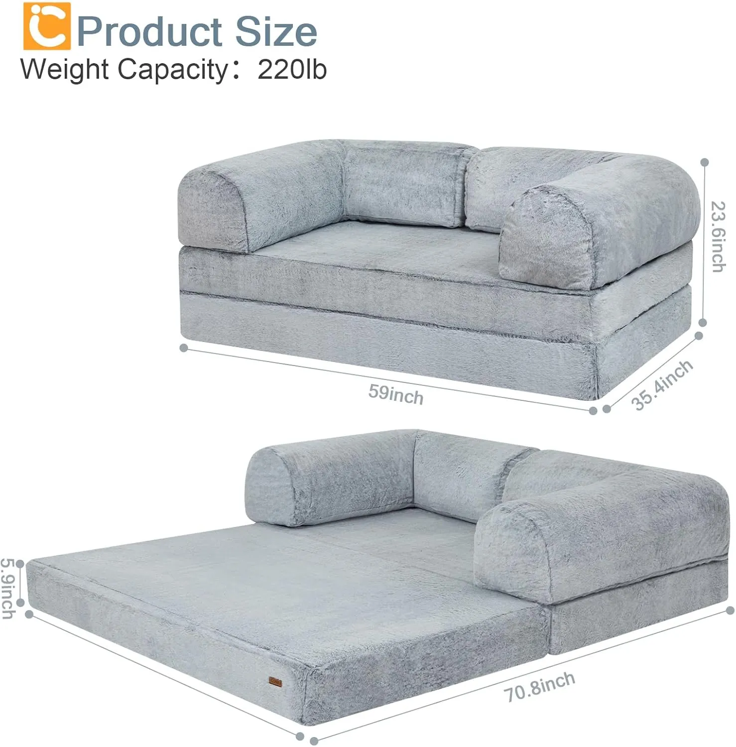 COMAX 4-in-1 Futon Sofa Bed, Queen Size Foldable Couch with L-Shaped Armrests, Convertible Sleeper Chair Bed, Comfortable Lounge Mattress for Living Room and Bedroom, Snow Light Grey
