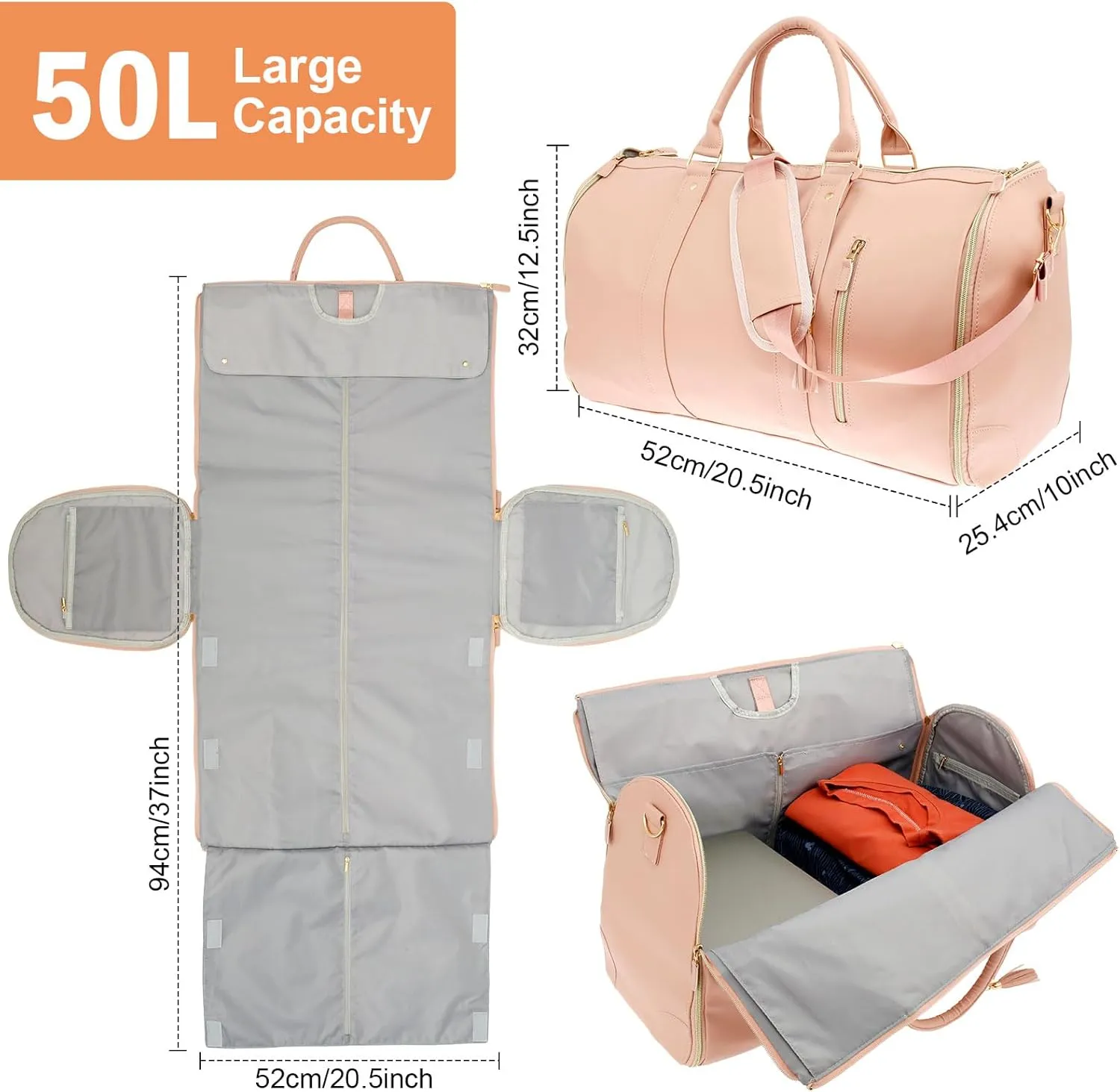 Convertible Duffel Garment Bag, Garment Duffle Bags for Travel, Weekender Bag with Shoe Pouch, Large Carry on Garment Bag for Women, 2 in 1 Hanging Suitcase Suit (Pink)