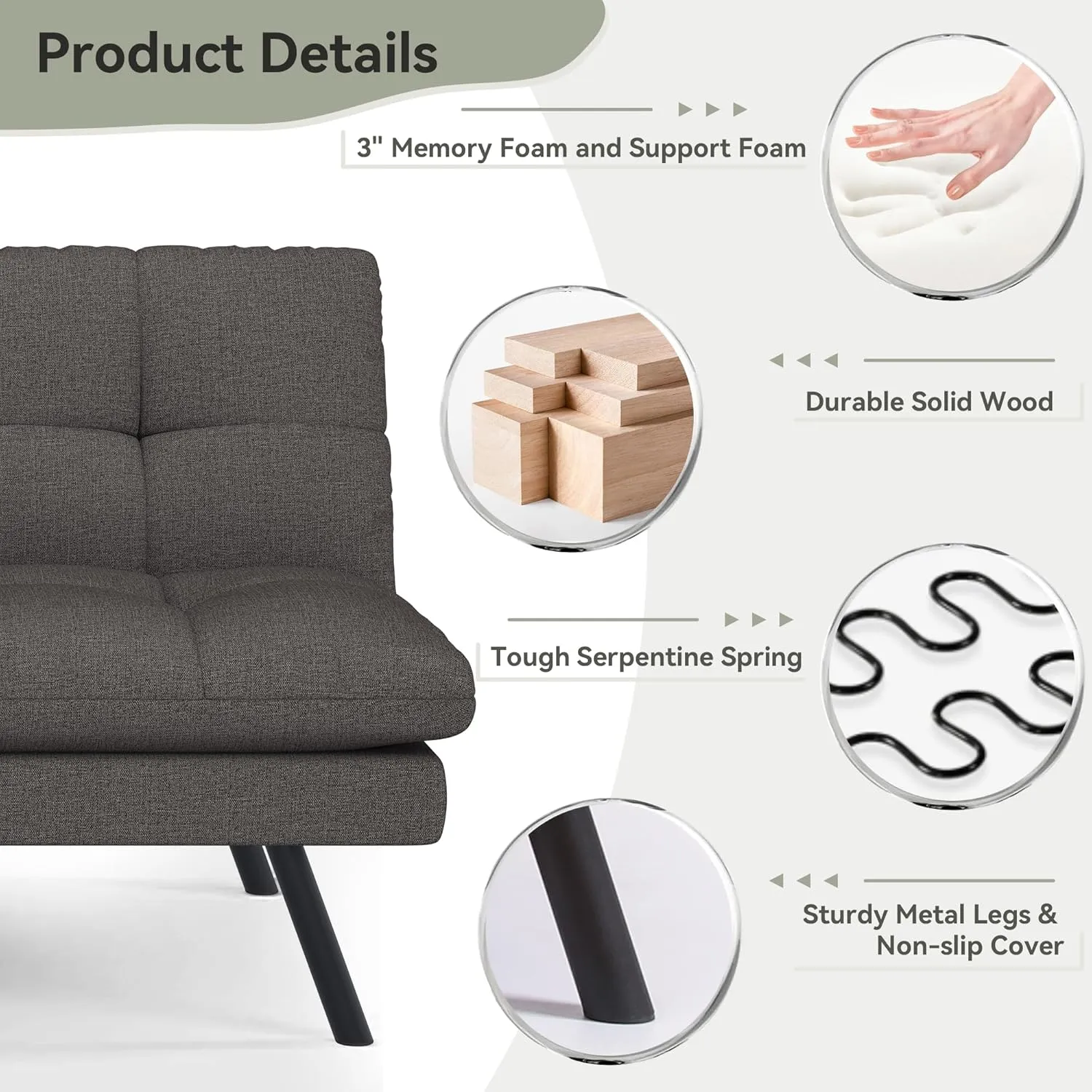 Convertible Futon Sofa Bed, 68" Memory Foam Detachable Futon Sofa Couch,Adjustable Backrest,Linen Fabric Folding Small Loveseat Sleeper for for Living Room,RV,Office,Apartment,Dull Grey