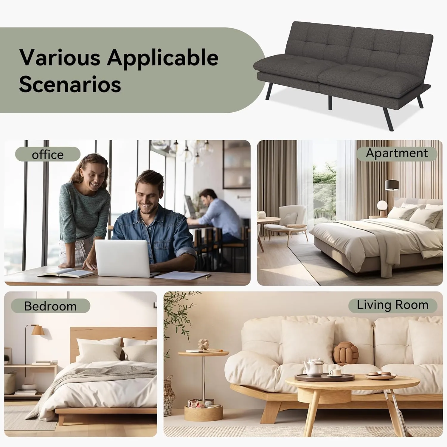 Convertible Futon Sofa Bed, 68" Memory Foam Detachable Futon Sofa Couch,Adjustable Backrest,Linen Fabric Folding Small Loveseat Sleeper for for Living Room,RV,Office,Apartment,Dull Grey