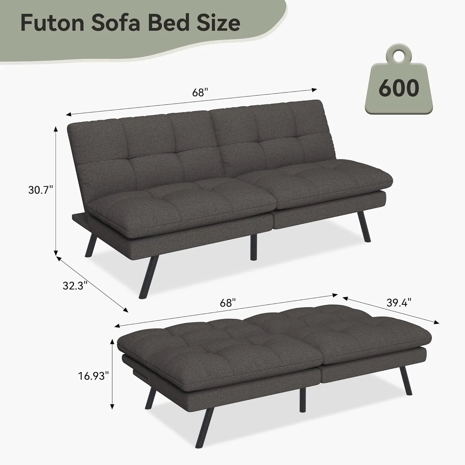 Convertible Futon Sofa Bed, 68" Memory Foam Detachable Futon Sofa Couch,Adjustable Backrest,Linen Fabric Folding Small Loveseat Sleeper for for Living Room,RV,Office,Apartment,Dull Grey