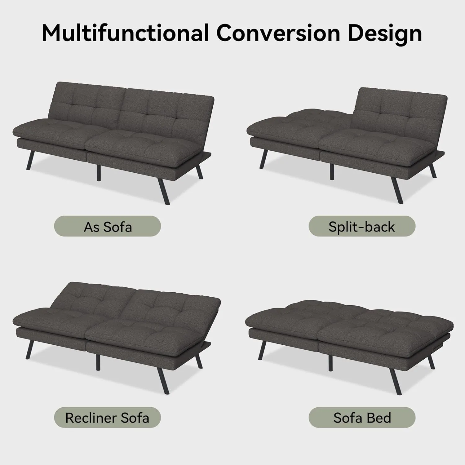 Convertible Futon Sofa Bed, 68" Memory Foam Detachable Futon Sofa Couch,Adjustable Backrest,Linen Fabric Folding Small Loveseat Sleeper for for Living Room,RV,Office,Apartment,Dull Grey