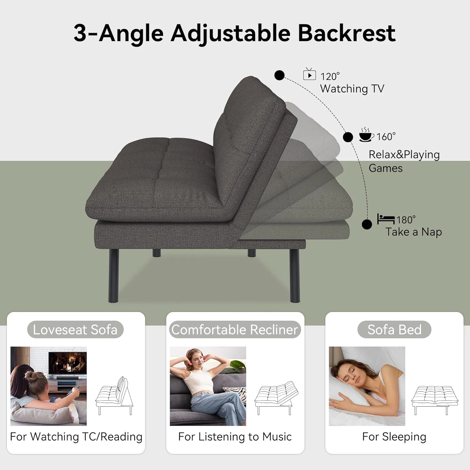 Convertible Futon Sofa Bed, 68" Memory Foam Detachable Futon Sofa Couch,Adjustable Backrest,Linen Fabric Folding Small Loveseat Sleeper for for Living Room,RV,Office,Apartment,Dull Grey