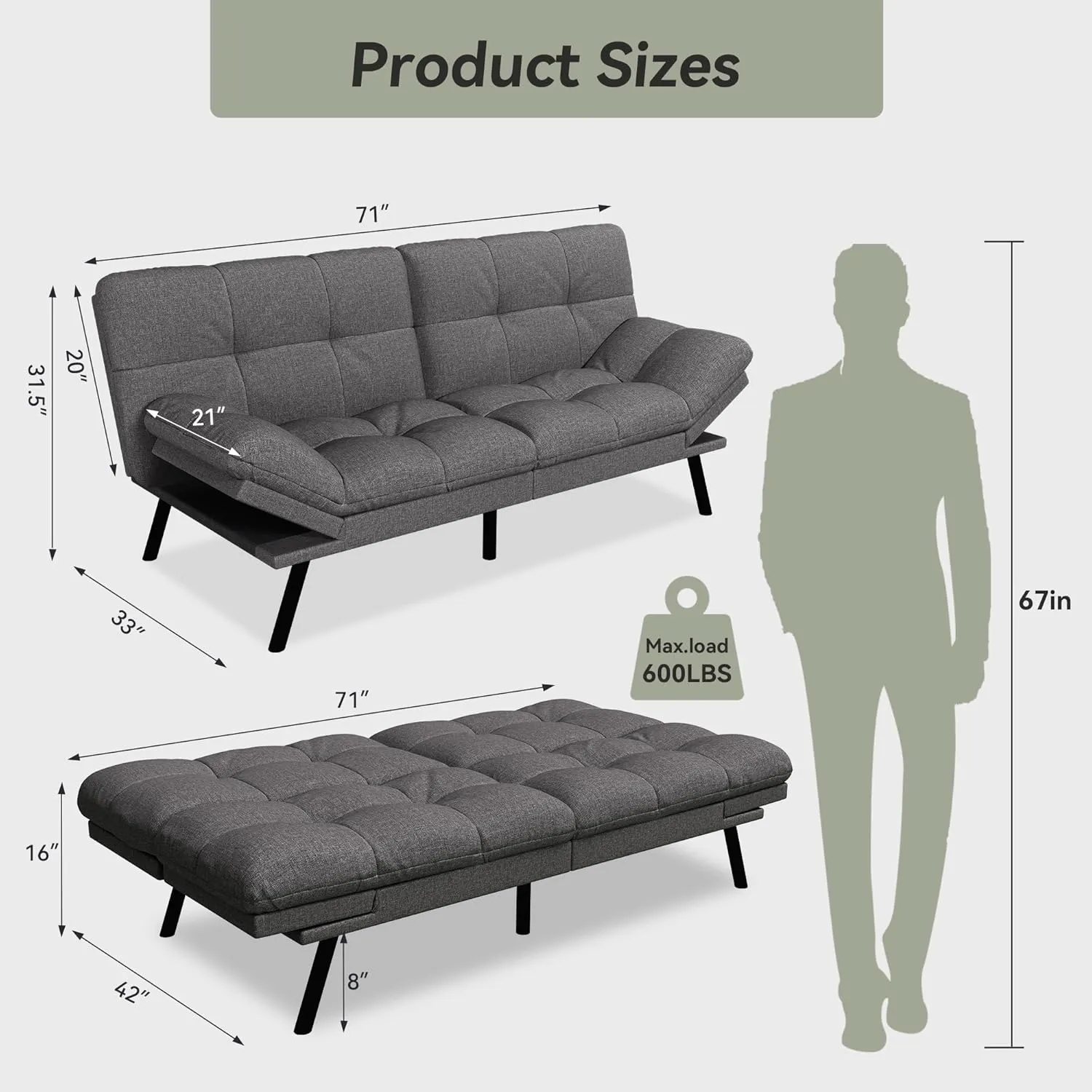 Convertible Futon Sofa Bed,71" Memory Foam Futon Couch,Detachable Cushion,Adjustable Backrest & Armrest,Linen Modern Loveseat Sleeper Recliner for Living Room,Office,Apartment,Medium Grey